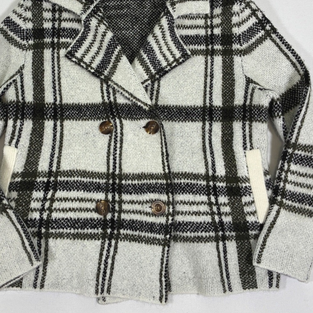 Rachel Zoe Womens S Ivory Plaid Double Breasted Fuzzy Knit Sweater Jacket - Picture 5 of 8